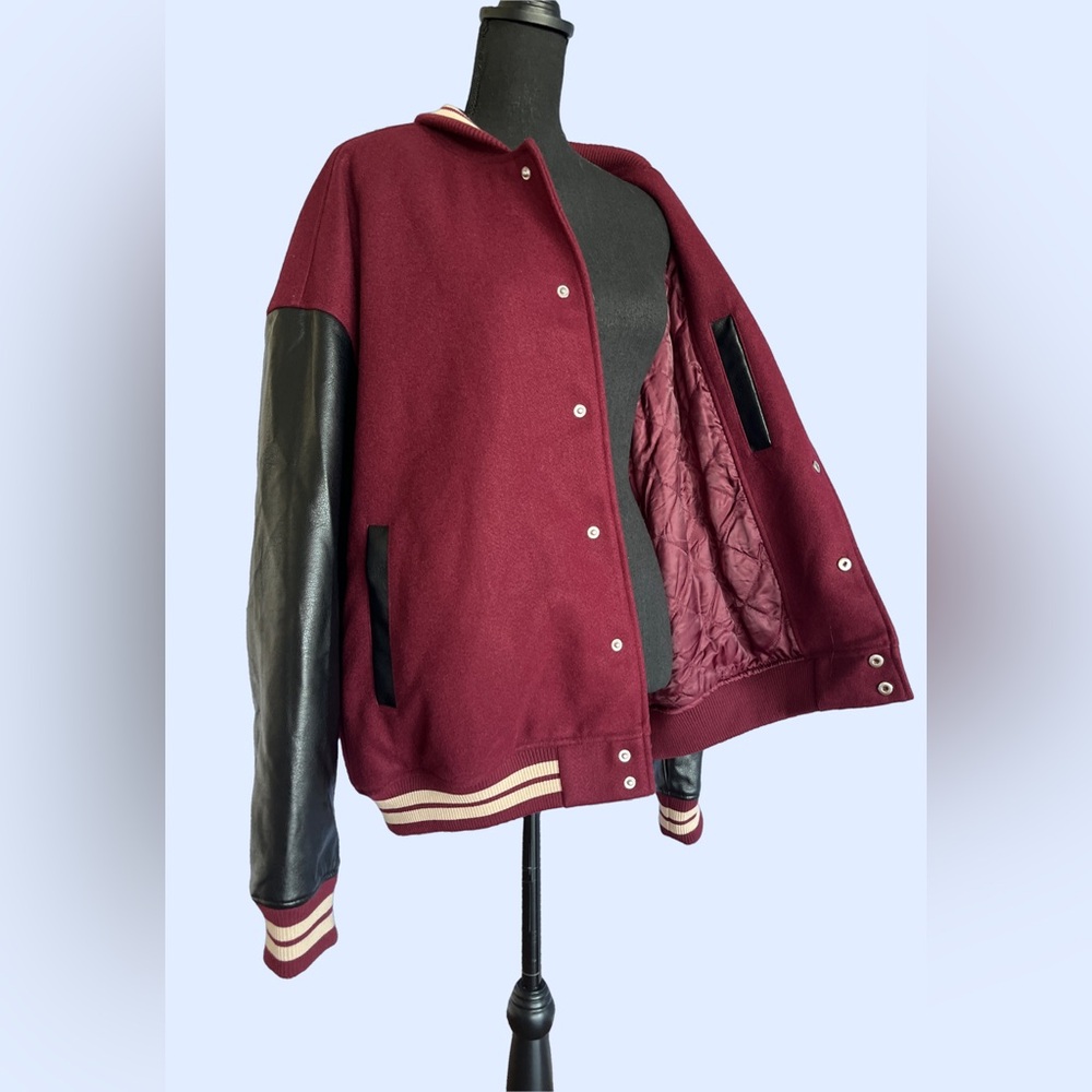 Top Man Burgundy Bomber Varsity Jacket - Picture 11 of 15